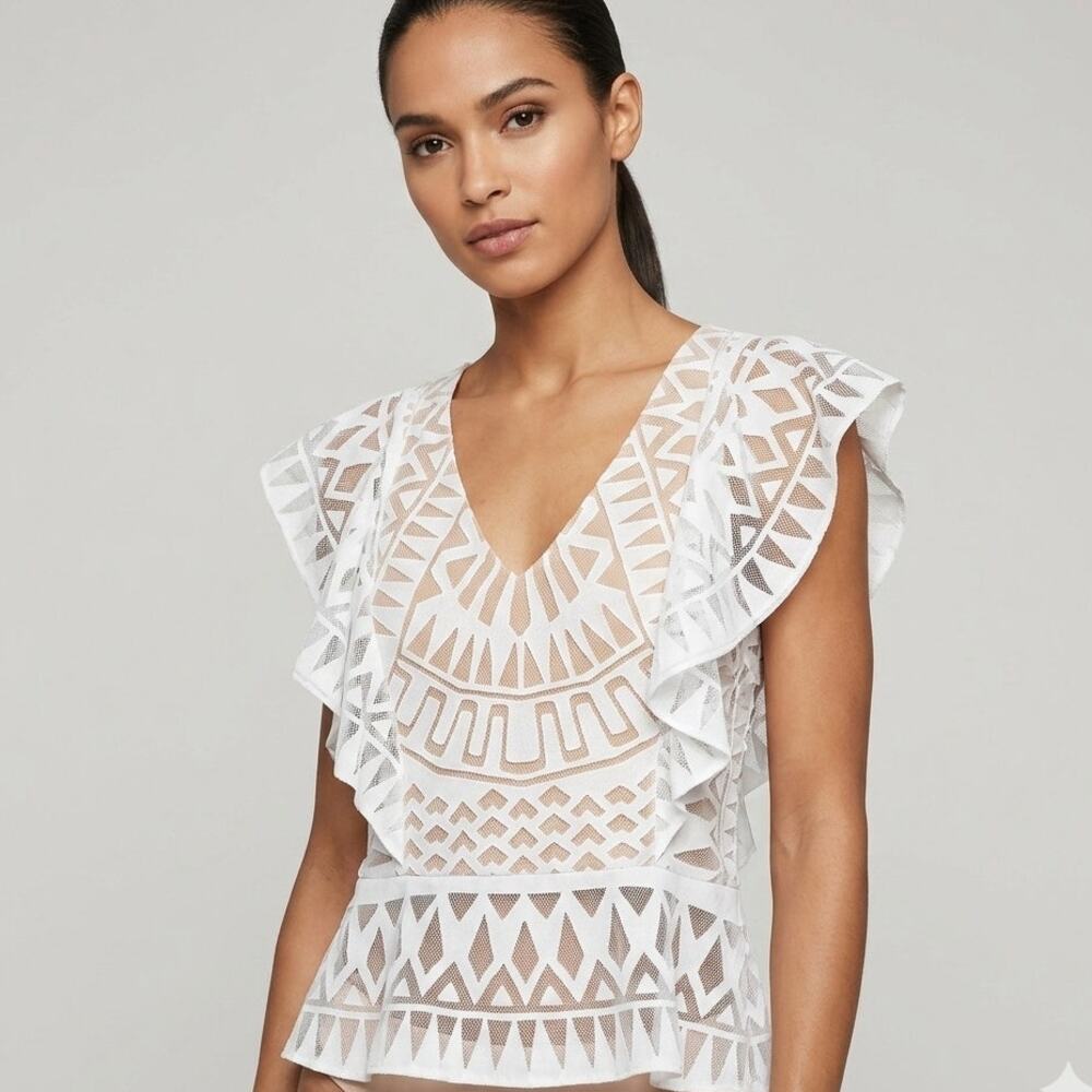 BCBG Max Azria White Geo Lace Top Sheer Mesh Flutter Sleeve V-neck Medium